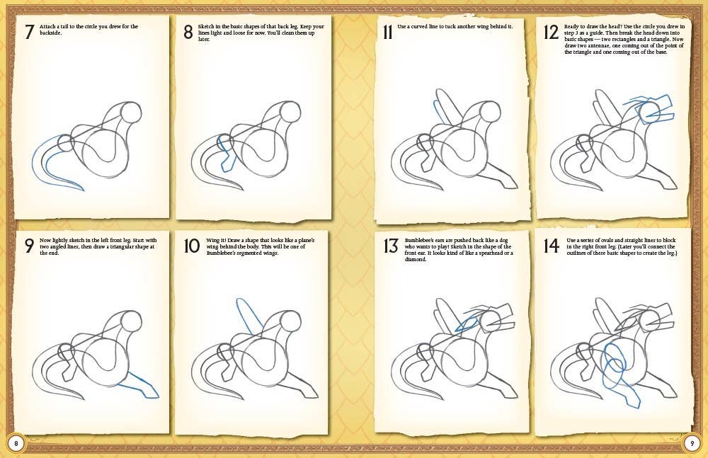 Step-by-step drawing tutorial for a dragon on a beige background