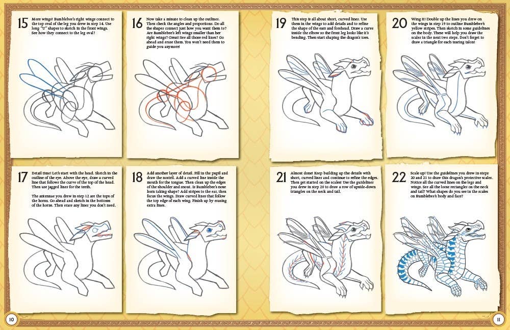 Step-by-step drawing guide of a dragon with numbered steps on a beige background