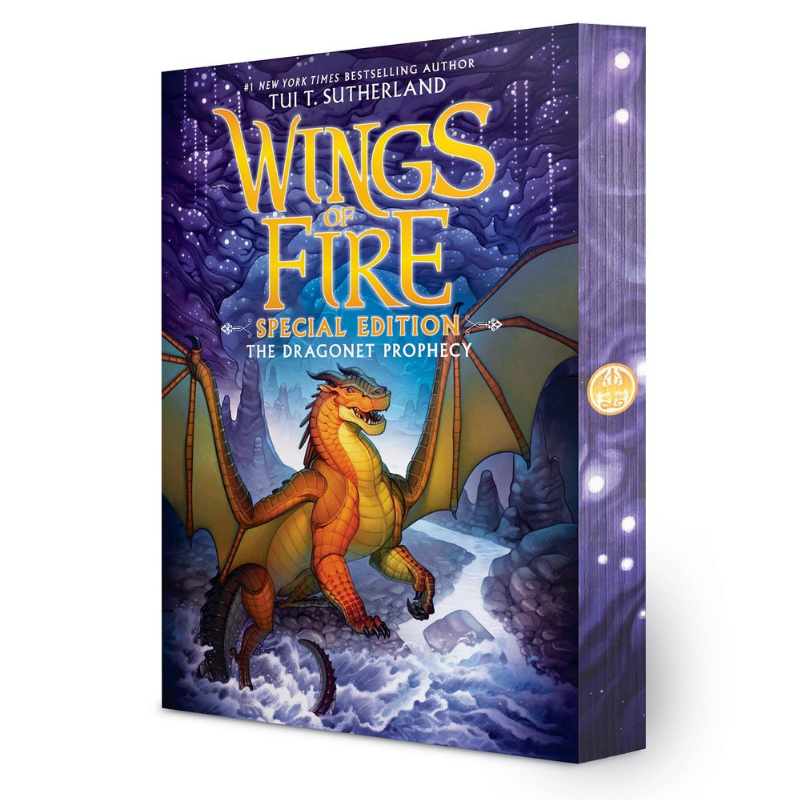 Wings of Fire: Special Edition book box by Tui T. Sutherland, featuring a vibrant illustration of an orange dragon on a snowy mountain path under a starry purple sky.