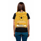 Person wearing a yellow backpack with a bear design and 'Hunny' text on a white background