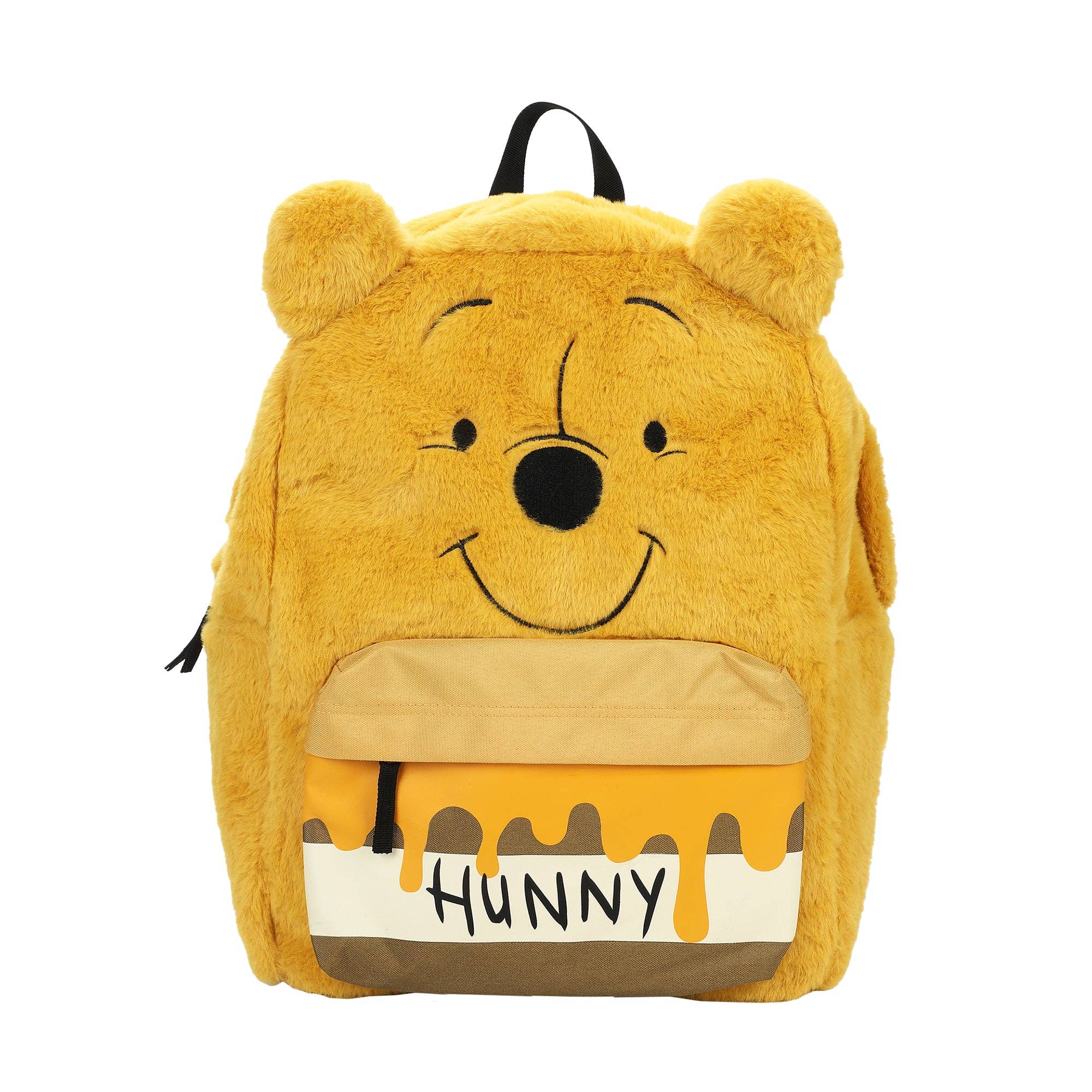 Yellow bear-shaped backpack with 'Hunny' text on a white background