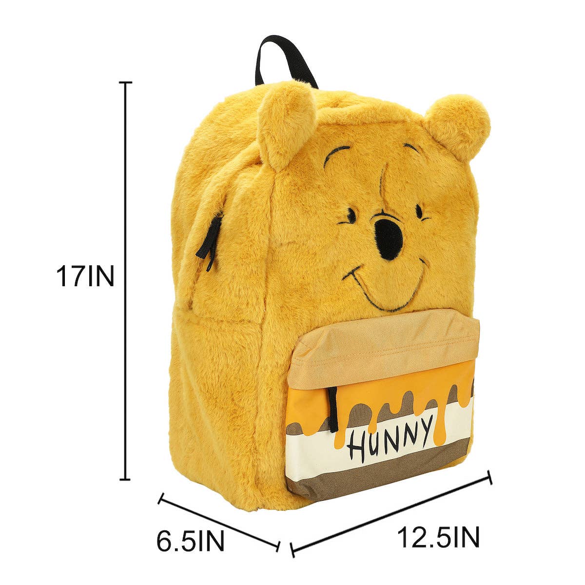 Plush backpack shaped like a bear with dimensions on a white background