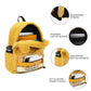 Yellow backpack with features highlighted on a white background