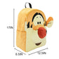 Plush backpack with cartoon character face, dimensions indicated
