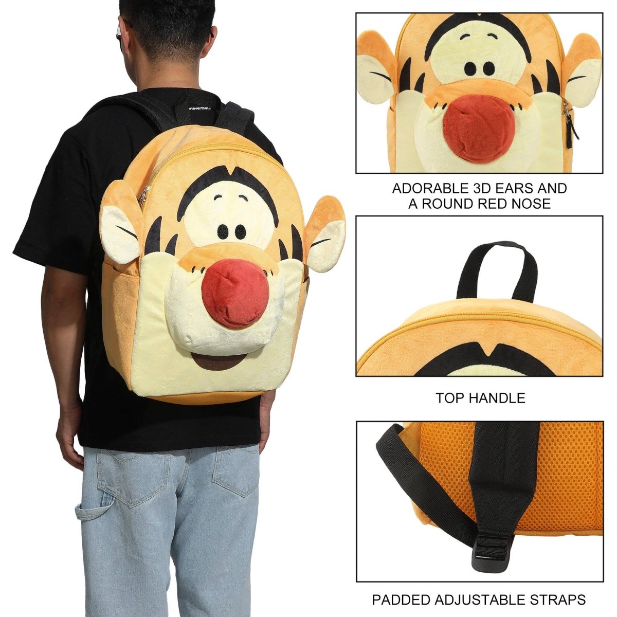 Person wearing a Tigger backpack with close-up details on a white background