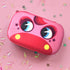 Pink case with cartoon face design on a pink background with confetti