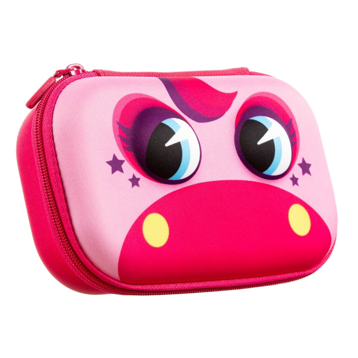 Pink case with cartoon face design on a white background