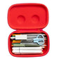 Red pencil case with stationery items on a white background