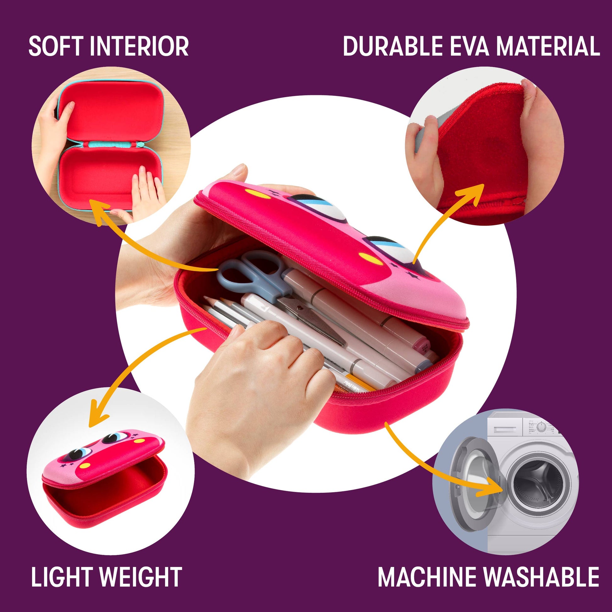 Red case with tools, labeled features on a purple background