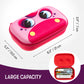 Pink pencil case with cartoon face design and measurements on a white background