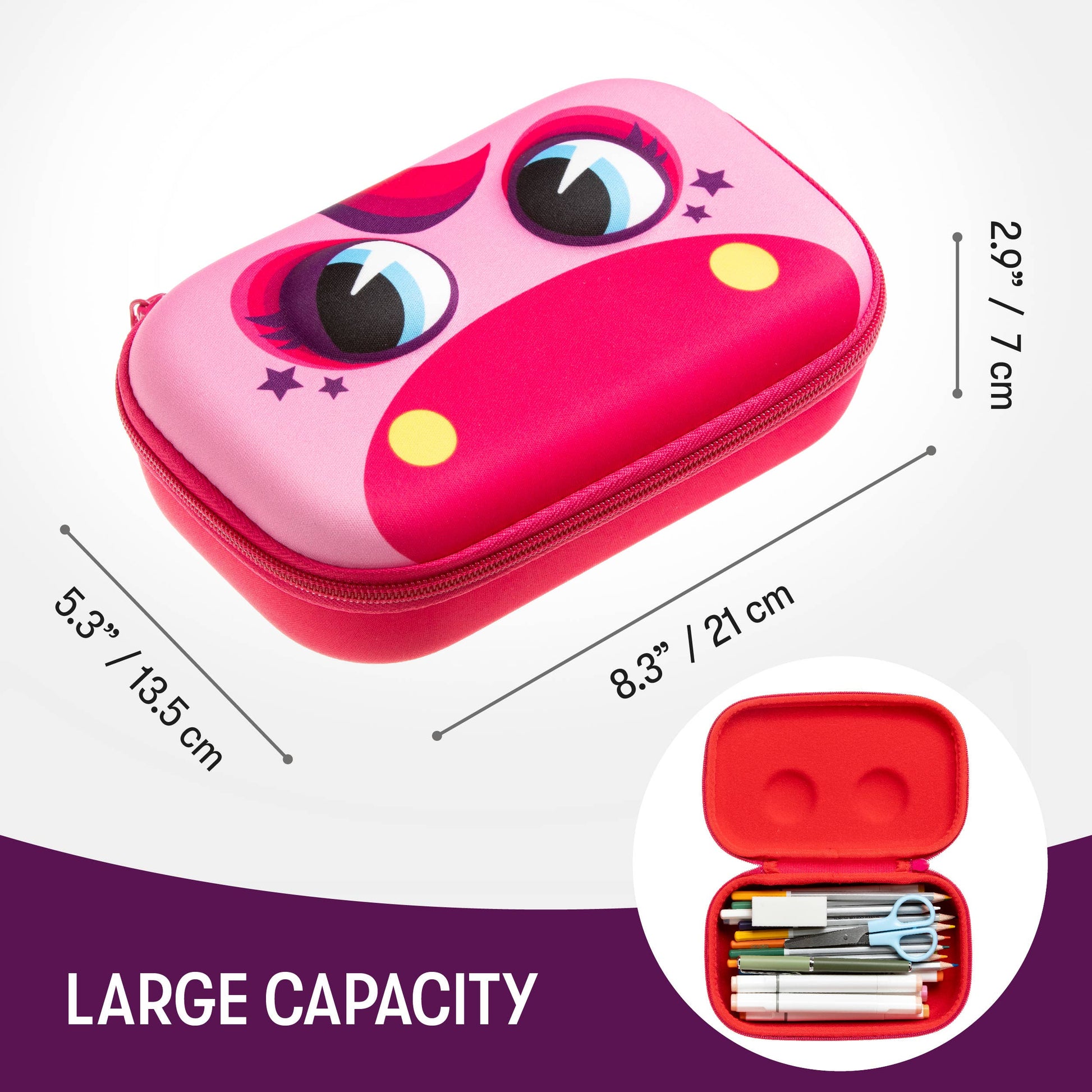 Pink pencil case with cartoon face design and measurements on a white background