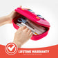 Pink pencil case with stationery items held by a hand, on a white background with a lifetime warranty badge.
