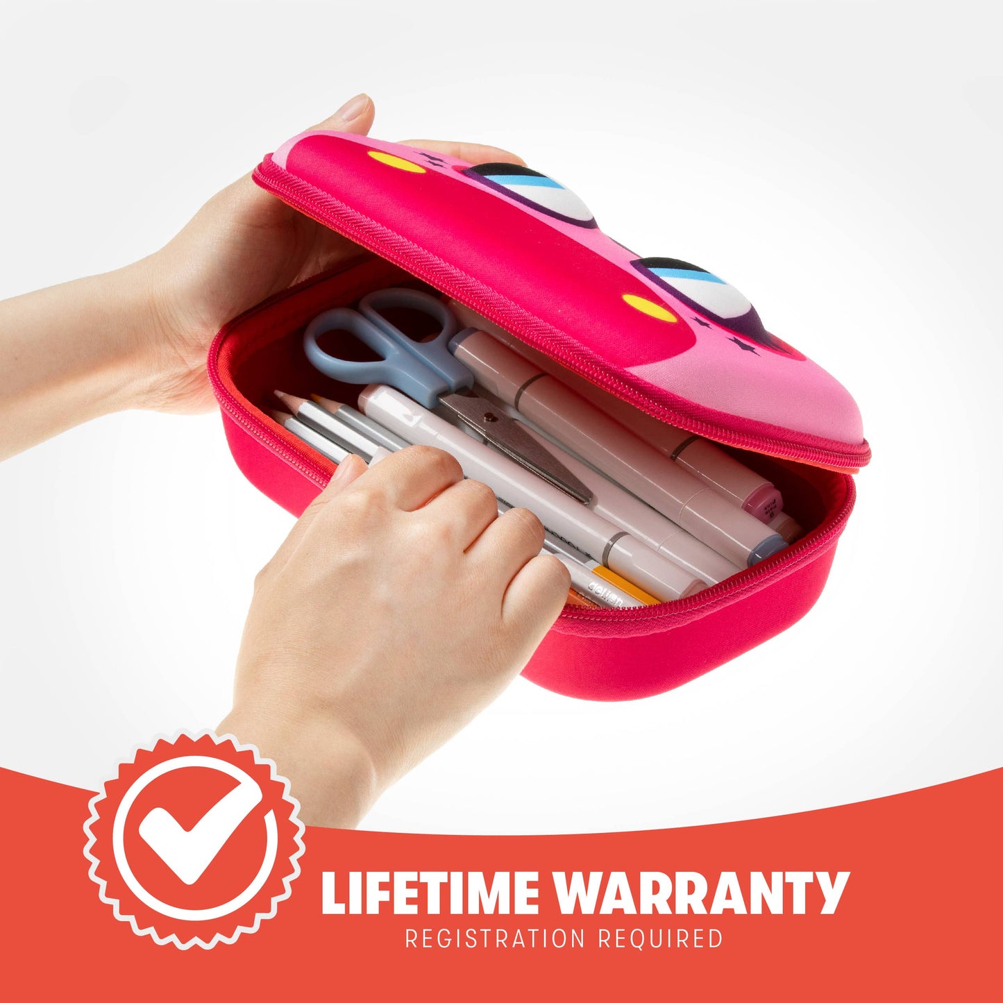 Pink pencil case with stationery items held by a hand, on a white background with a lifetime warranty badge.