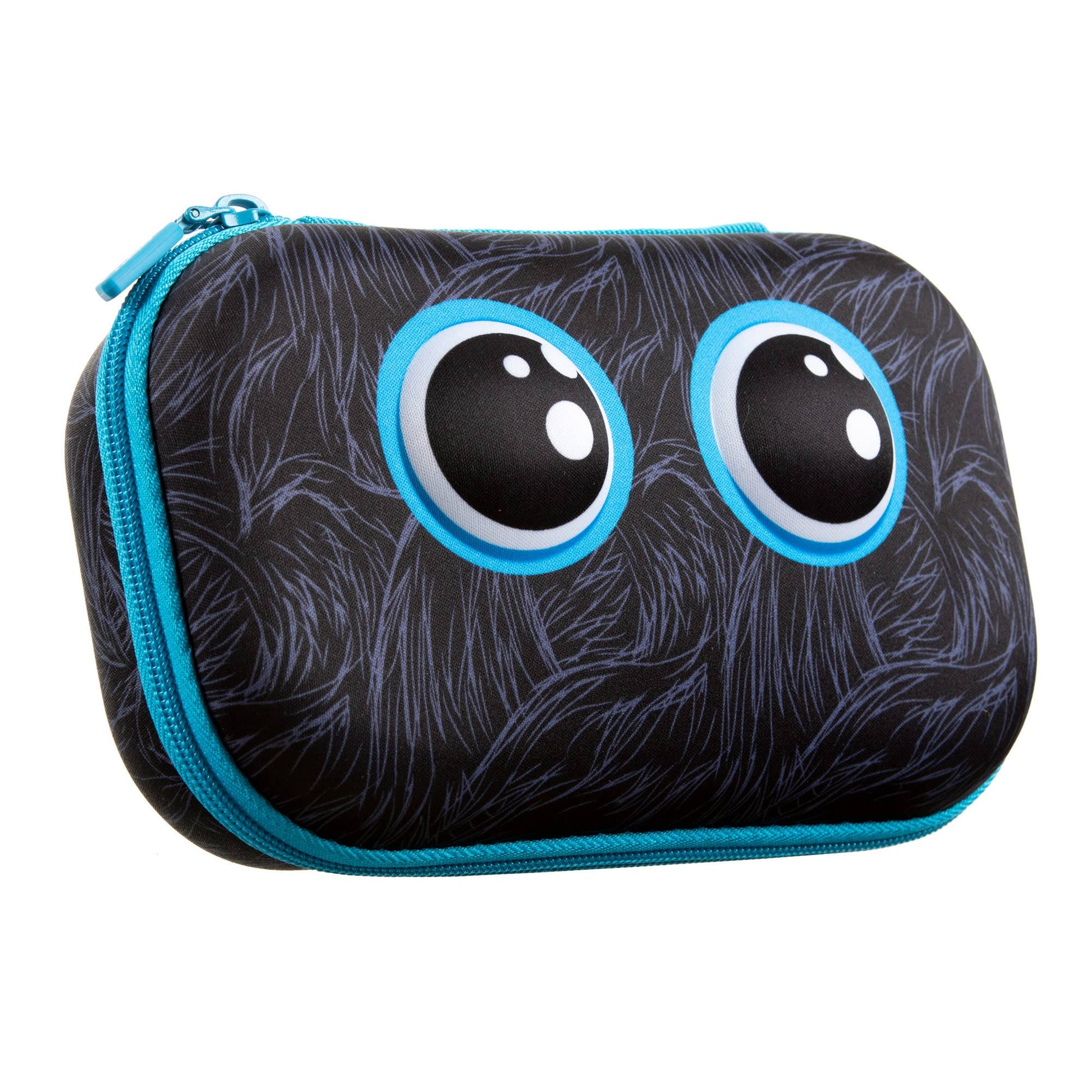 Black textured pouch with googly eyes on a white background