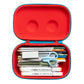 Red pencil case with stationery items on a white background
