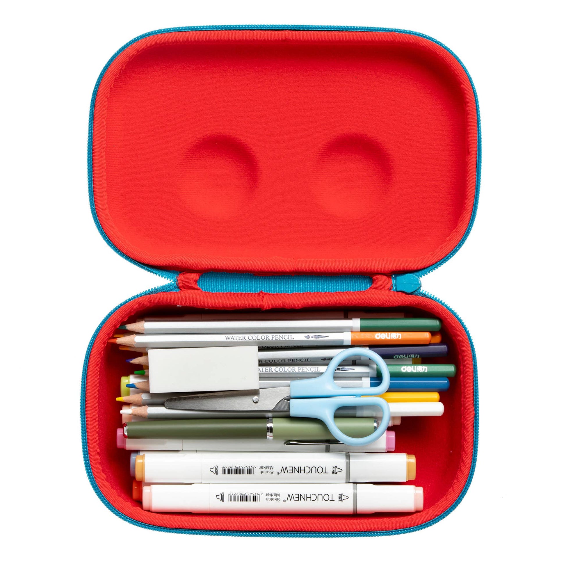 Red pencil case with stationery items on a white background