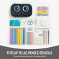 Assorted stationery items including pens, pencils, scissors, and a ruler on a white background.