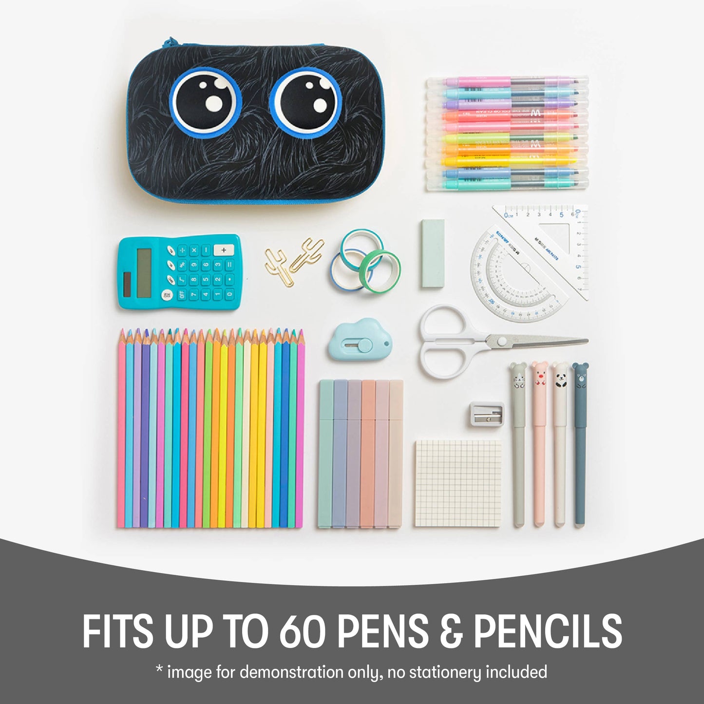 Assorted stationery items including pens, pencils, scissors, and a ruler on a white background.