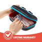 Pouch with stationery items held by hands, with a lifetime warranty badge on a white background