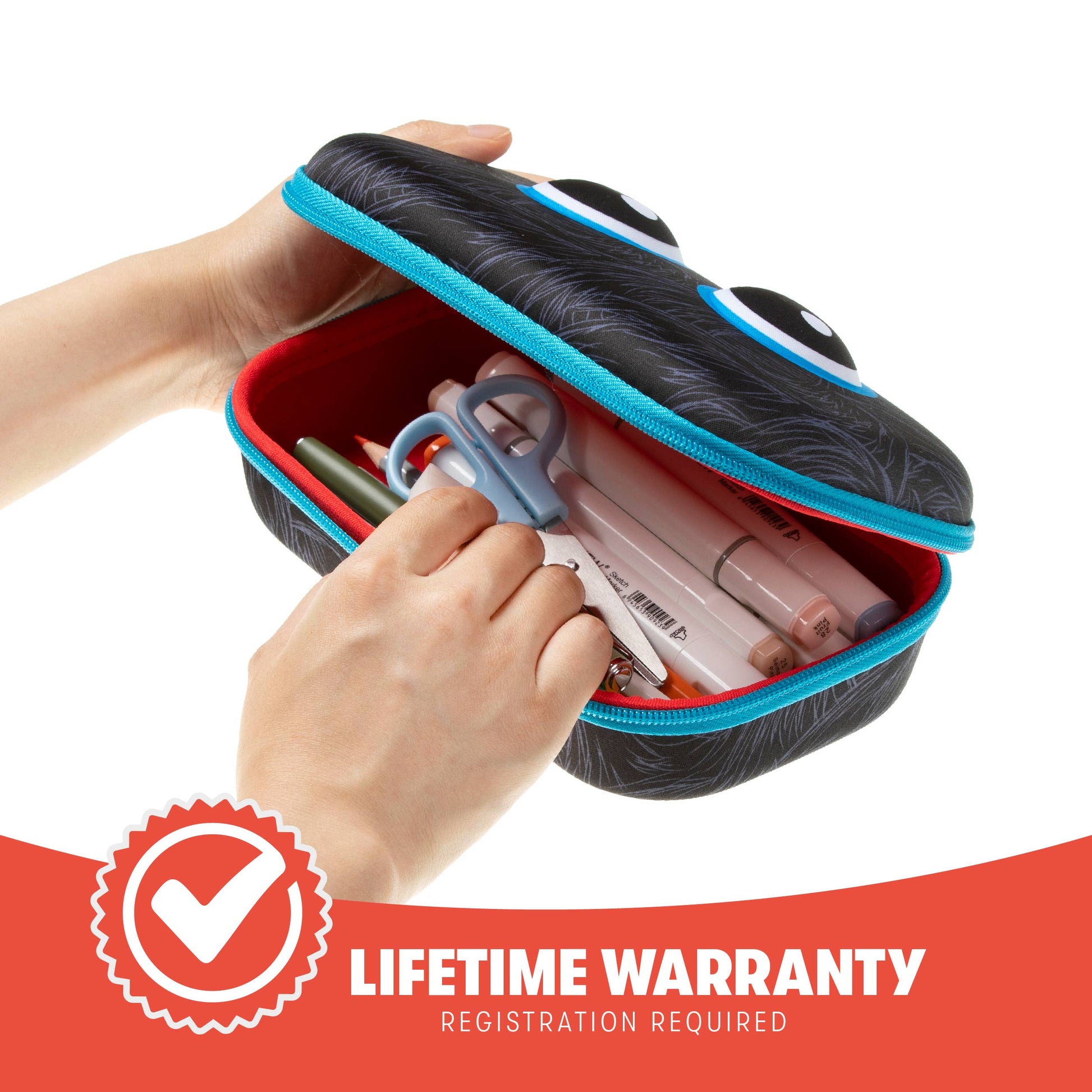 Pouch with stationery items held by hands, with a lifetime warranty badge on a white background