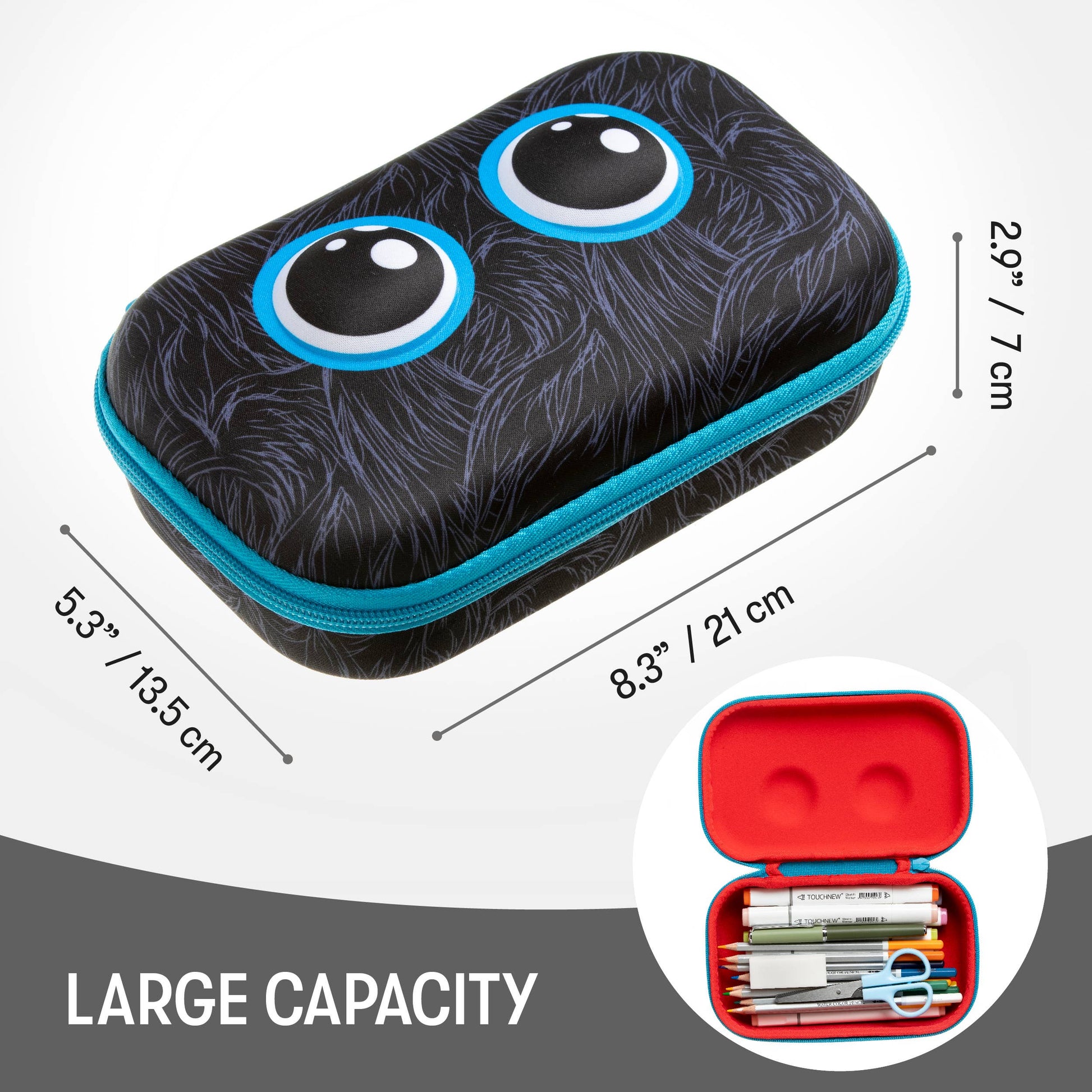 Black and blue pencil case with googly eyes, showing dimensions and a smaller inset image of the open case.