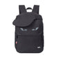 Black backpack with a design resembling a face on a white background