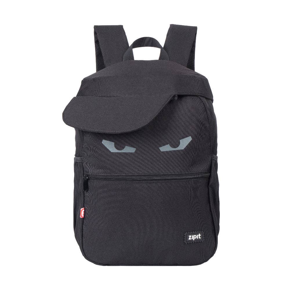 Black backpack with a design resembling a face on a white background