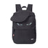Black backpack with a design resembling a face on a white background