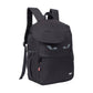 Black backpack with a design resembling a face on a white background