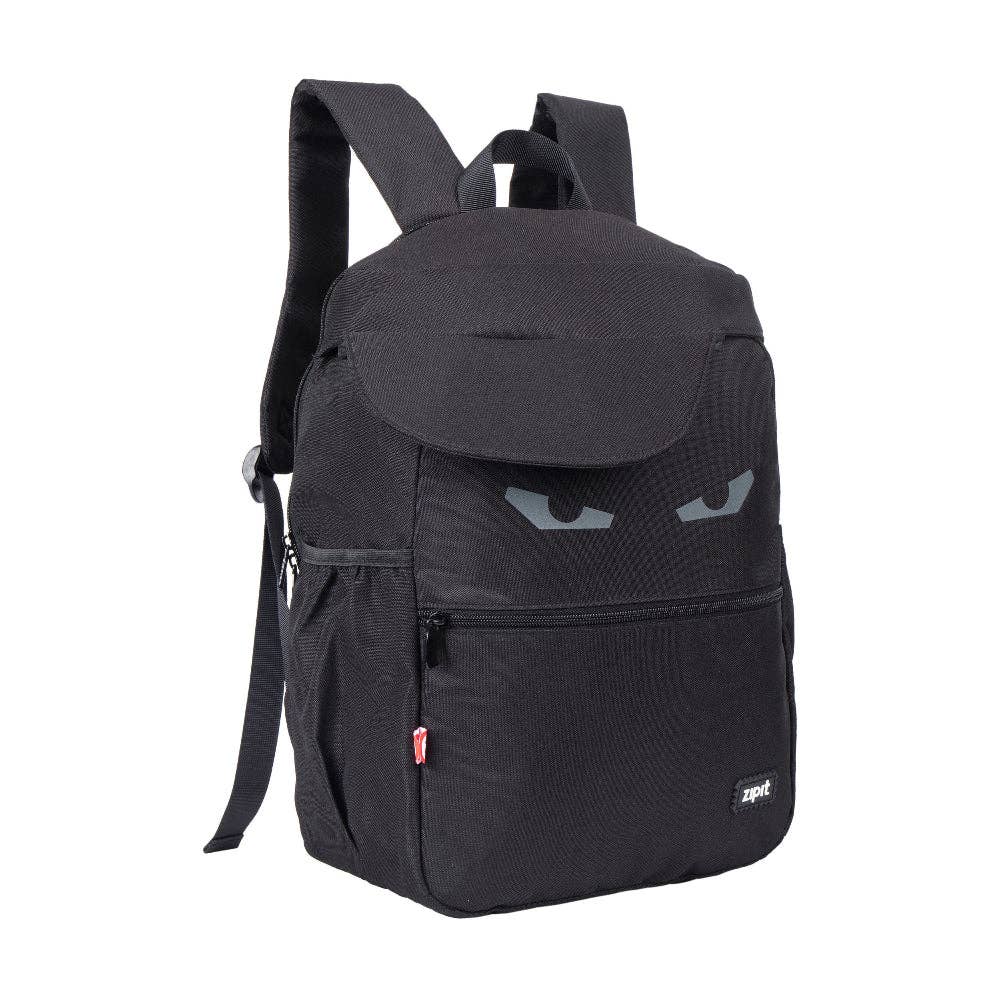 Black backpack with a design resembling a face on a white background