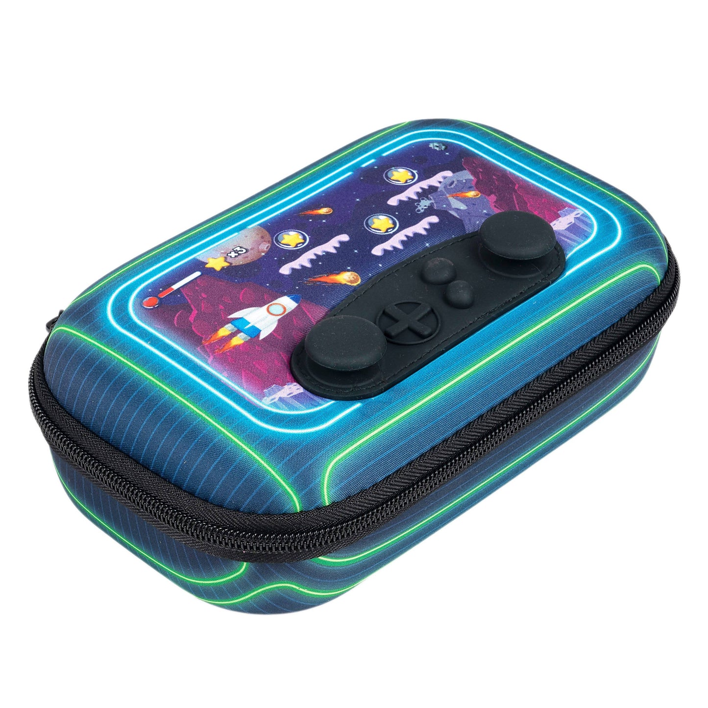 Gaming controller case with space-themed design on a white background