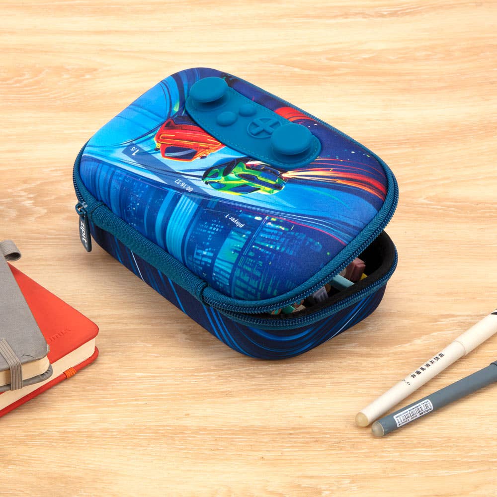 Colorful pencil case on a wooden surface with pens and notebooks.
