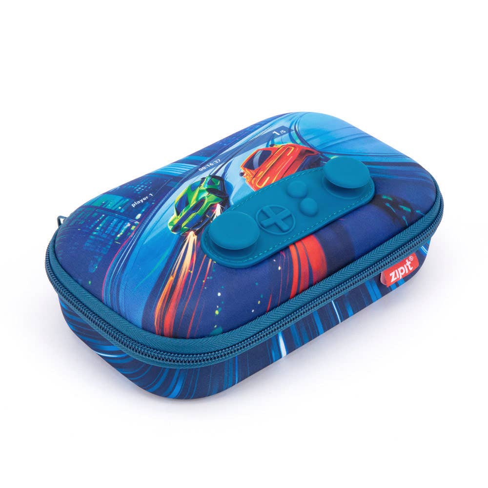 Blue pencil case with colorful design and 'zipit' branding on a white background