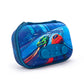 Blue gaming console case with colorful design on a white background