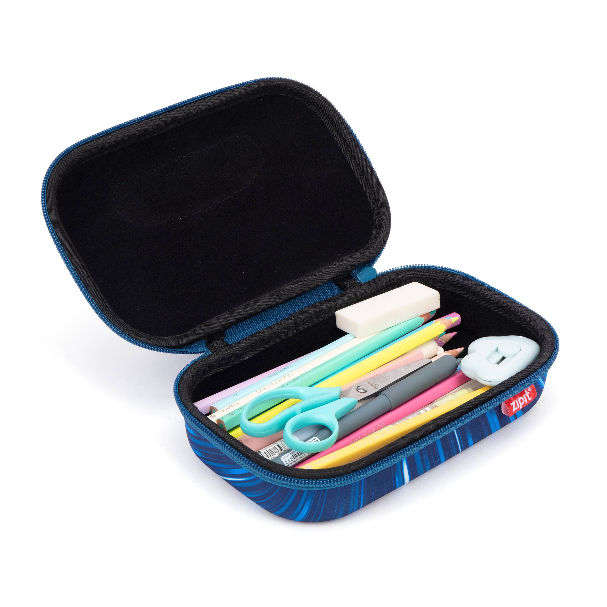 Blue pencil case with stationery items on a white background