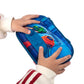 Child's hands holding a blue pencil case with colorful designs on a white background