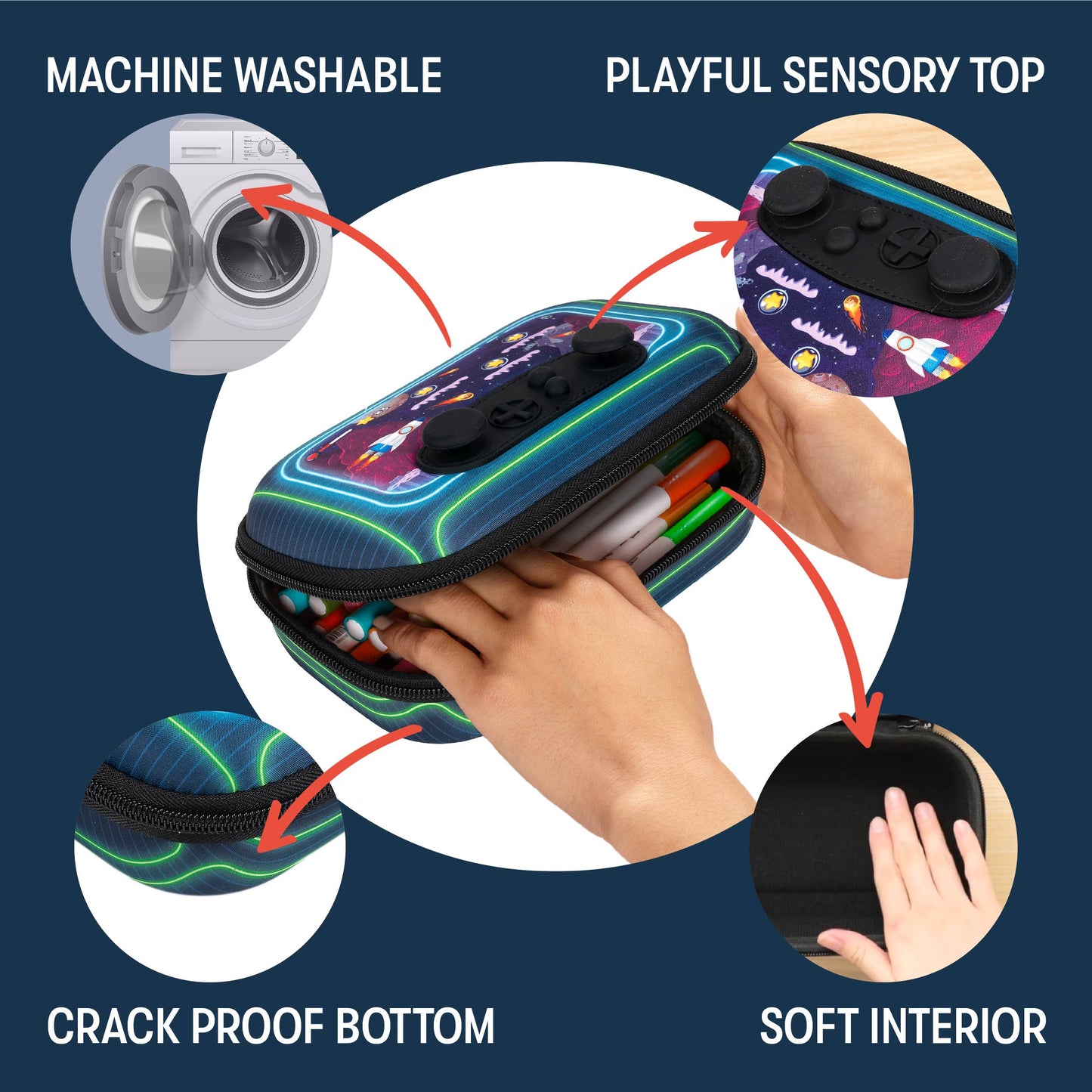Product packaging with features highlighted on a blue background