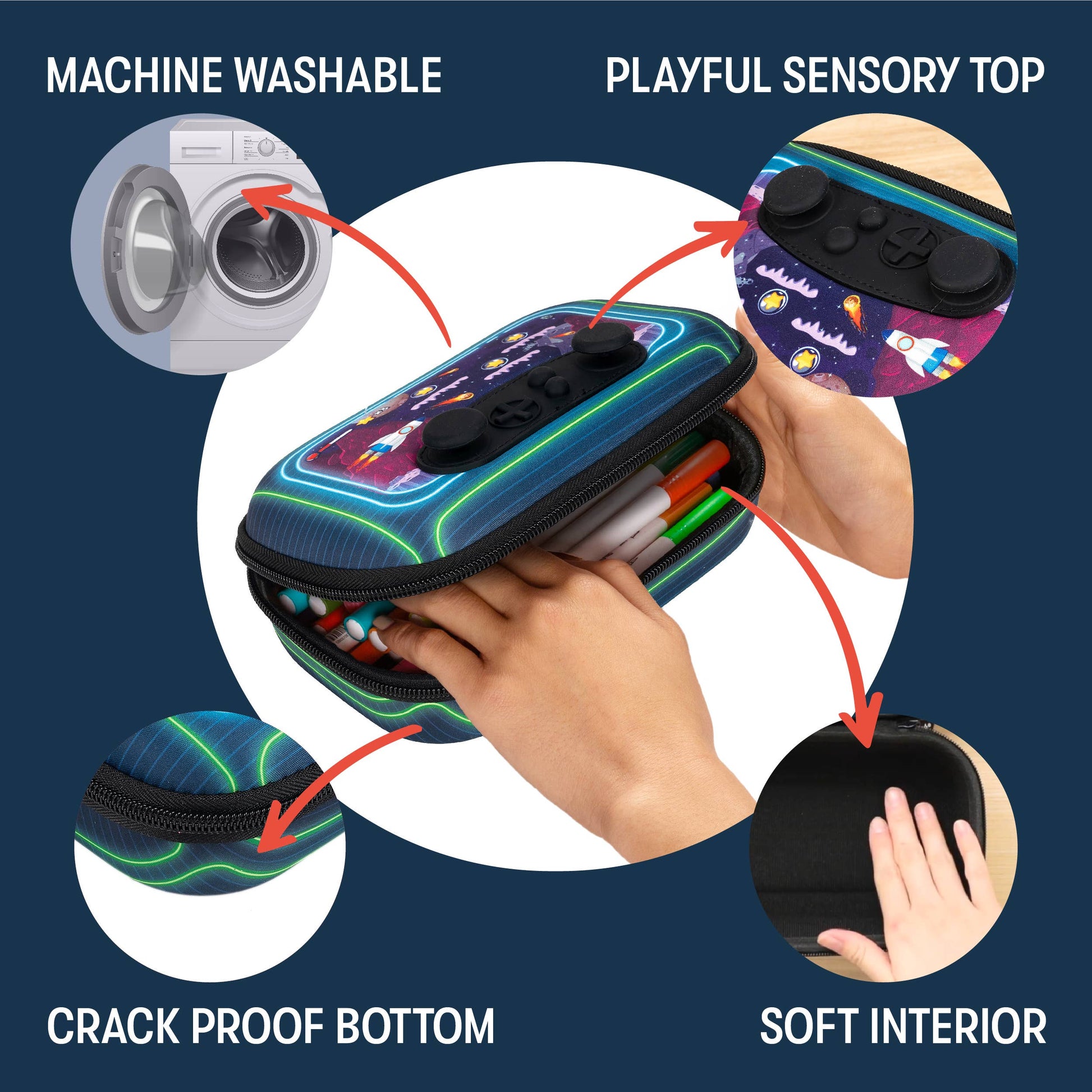 Product packaging with features highlighted on a blue background