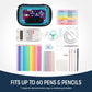Collection of stationery items including pens, pencils, a ruler, scissors, and a pouch on a white background.