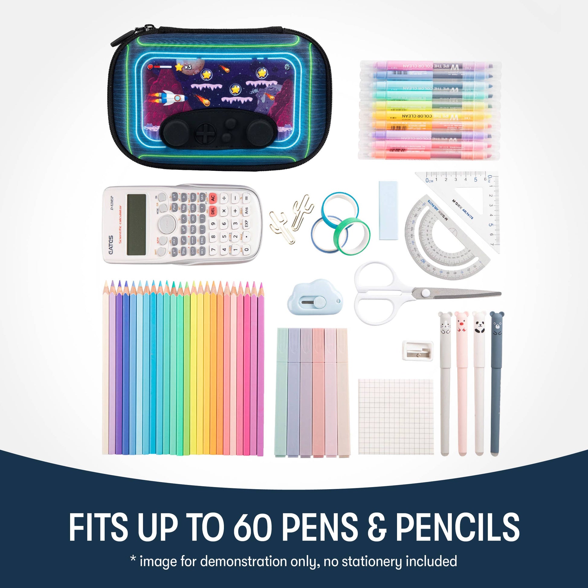 Collection of stationery items including pens, pencils, a ruler, scissors, and a pouch on a white background.