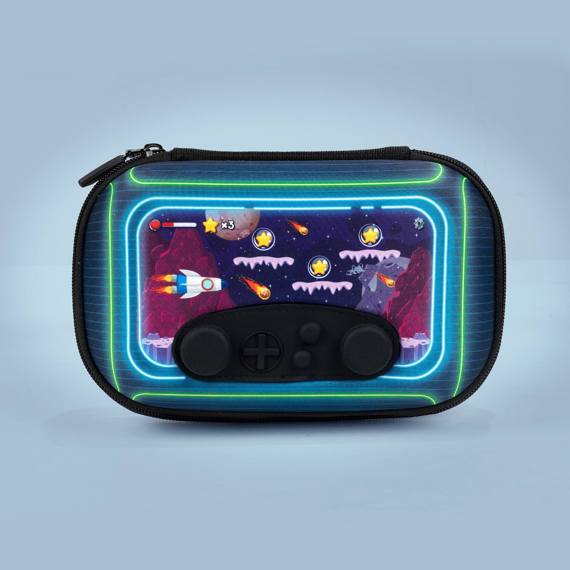 Gaming console case with space-themed design on a light blue background