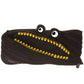Black pouch with yellow zipper and googly eyes on a white background