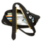 Black pouch with zipper containing stationery items on a white background