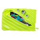 Neon green pencil case with zipper, scissors, and ruler on a white background