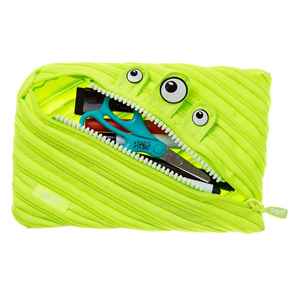 Neon green pencil case with zipper, scissors, and ruler on a white background