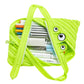 Green pencil case with cartoon face design filled with stationery items on a white background