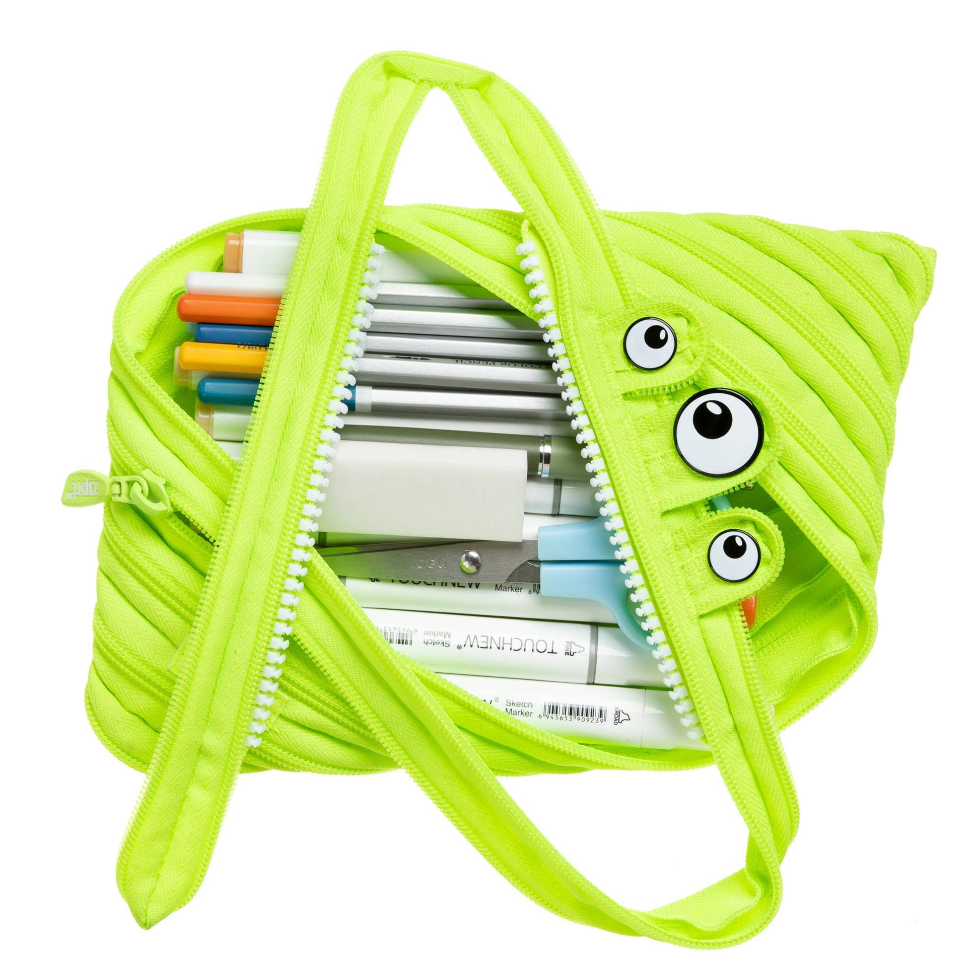 Green pencil case with cartoon face design filled with stationery items on a white background