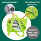 Green zipper pouch with cartoonish eyes and text highlighting features on a green background