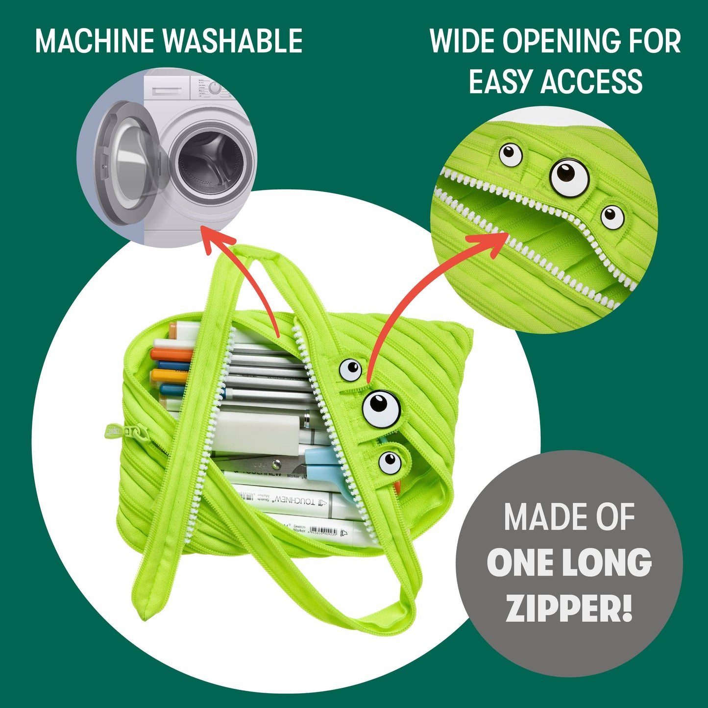 Green zipper pouch with cartoonish eyes and text highlighting features on a green background