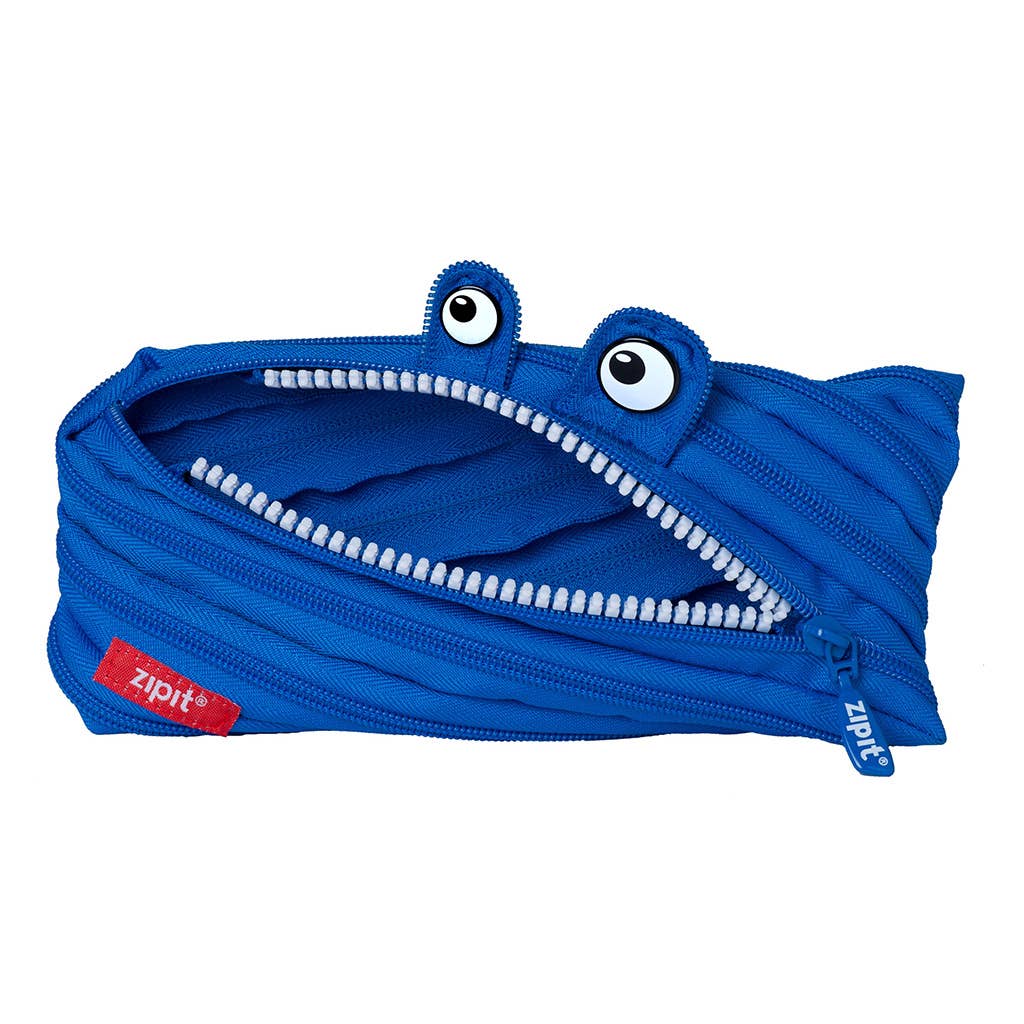 Blue zipper pouch shaped like a creature with googly eyes on a white background